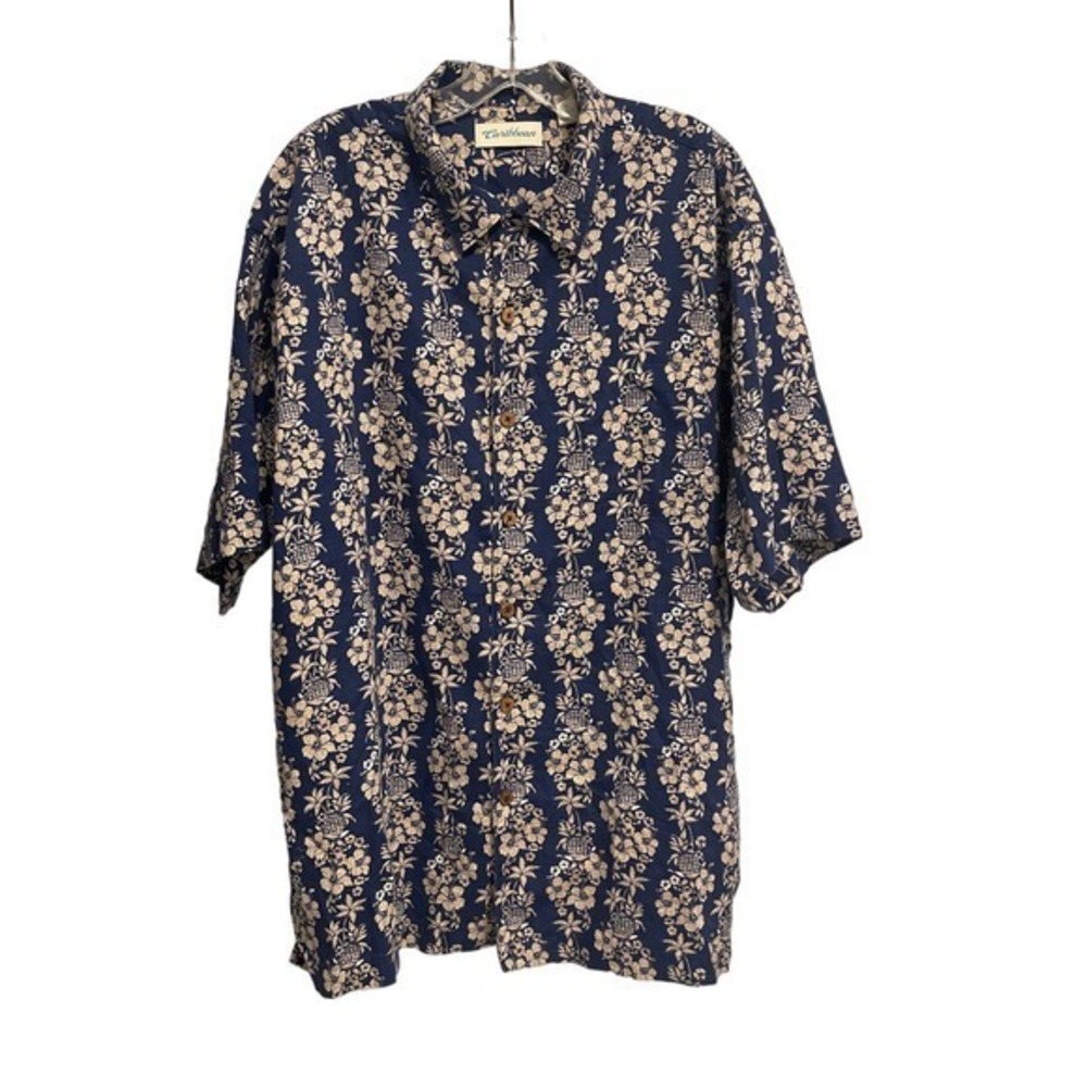 Caribbean‎ Hawaiian Shirt Blue & Tan Size XL Cotton Blend pre-owned